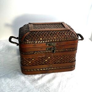 Vintage Woven Bamboo With Brass Storage Box